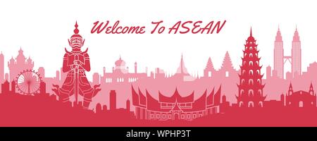 Famoso punto di riferimento dell'ASEAN,destinazione di viaggio con silhouette design classico,illustrazione vettoriale Illustrazione Vettoriale