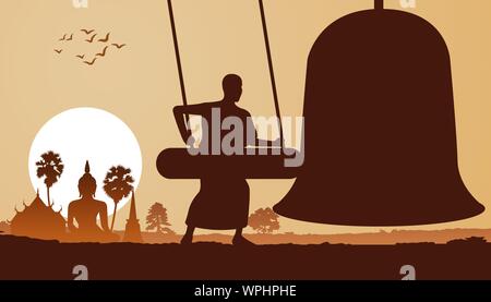 Monaco ha colpito la campana al mattino per Dillo ad un altro per andare a chiedere cibo,routine del tempio buddista per essere tempo firma,illustrazione vettoriale Illustrazione Vettoriale