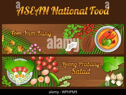 L'Asean nazionale ingredienti alimentari elementi di banner su sfondo di legno,Thailandia e Loa,illustrazione vettoriale Illustrazione Vettoriale
