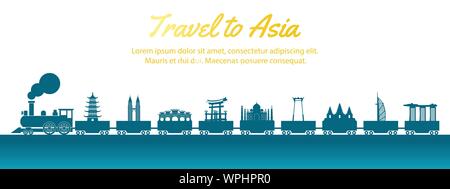 Asia landmark portato dal treno,concept art stile silhouette,illustrazione vettoriale,verde gradiente blu,illustrazione vettoriale Illustrazione Vettoriale