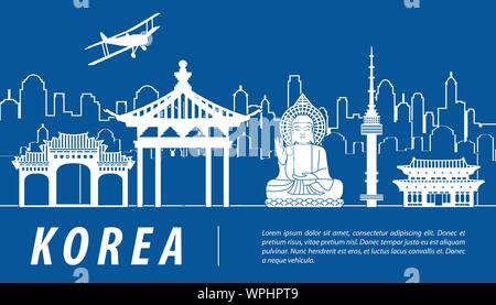 Corea famoso silhouette con colori blu e bianco,design illustrazione vettoriale Illustrazione Vettoriale