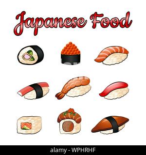 Set di deliziosi e famoso cibo giapponese Sushi,,in gradiente colorato design icona,illustrazione vettoriale Illustrazione Vettoriale