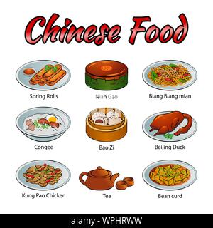 Set di deliziosi e famoso cibo di cinesi in gradiente colorato design icona,illustrazione vettoriale Illustrazione Vettoriale