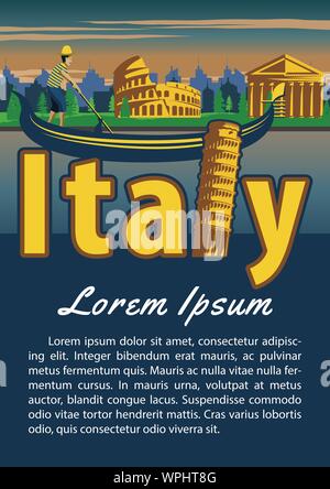 Italia landmark brochure in tipografia vintage color design,Illustrazioni pubblicitarie,illustrazione vettoriale Illustrazione Vettoriale