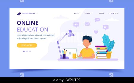 Corsi di formazione online per i bambini landing page. Ragazzo di studio con computer e libri. Illustrazione Vettoriale in stile piatto Illustrazione Vettoriale