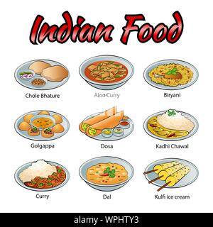 Set di deliziosi e famoso cibo di indiani in gradiente colorato design icona,illustrazione vettoriale Illustrazione Vettoriale