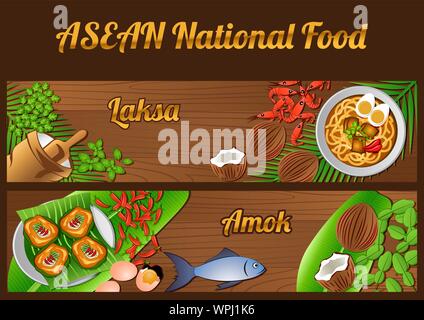 L'Asean nazionale ingredienti alimentari elementi di banner su sfondo di legno,Singapore e Cambogia,illustrazione vettoriale Illustrazione Vettoriale