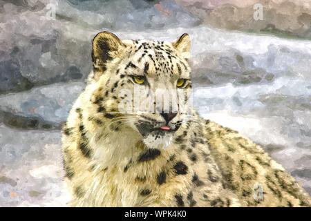 Illustrazione Di Digital: acquarello di snow leopard Foto Stock