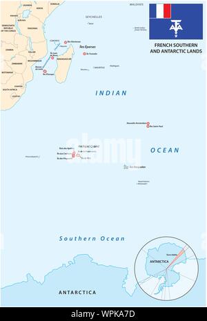 Mappa di Terre Australi e Antartiche Francesi con bandiera Illustrazione Vettoriale