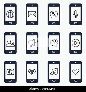 Icona dello smartphone impostate. Smartphone di icone di funzione Illustrazione Vettoriale