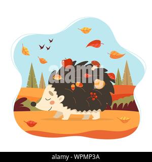 Carino il riccio con la foresta di autunno sfondo. Riccio con mele, funghi e foglie. Stagionale illustrazione vettoriale in stile piatto Illustrazione Vettoriale