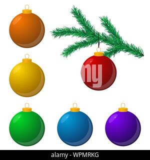 Set di multi-colore palle di Natale con un ramo di abete isolato su sfondo bianco. Illustrazione Vettoriale. Illustrazione Vettoriale