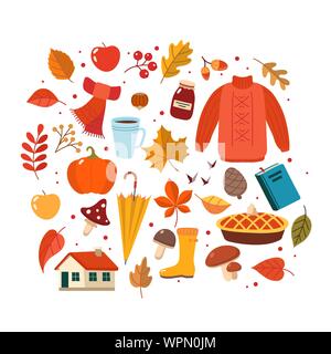Autunno disegnati a mano raccolta di elementi. Carino illustrazione vettoriale in stile piatto Illustrazione Vettoriale