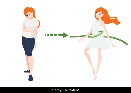 La perdita di peso concetto con red head corpo di donna trasformazione cartoon character design piatto illustrazione vettoriale su sfondo bianco. Illustrazione Vettoriale