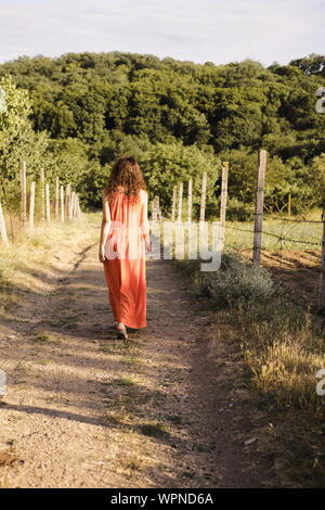 Bella ragazza giovane con scuri capelli ricci in arancio brillante abito di passeggiate in la distanza attraverso la foresta o campo al tramonto. Umore romantico. Solitudine Foto Stock