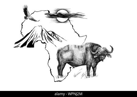 Buffalo sull'Africa mappa lo sfondo con il Monte Kilimanjaro, vulture e sun. Raccolta di disegnato a mano (illustrazioni originali, senza tastatura) Foto Stock