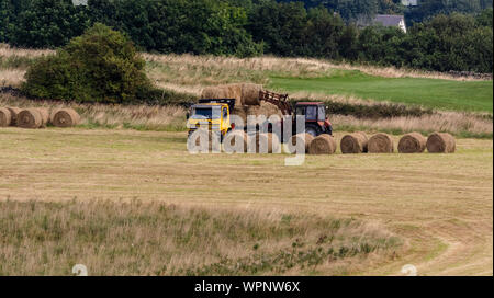 La raccolta di balle di fieno nello Yorkshire, Inghilterra. Foto Stock