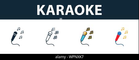 Karaoke Icona set. Quattro elementi in diversi stili dal party icona raccolta di icone. Creative icone karaoke riempito, del contorno colorato e simboli di Piana Illustrazione Vettoriale