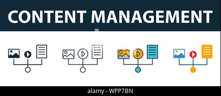 Icona Gestione contenuto impostato. Quattro elementi in diversi stili dal project management raccolta di icone. Contenuto creativo le icone di gestione riempito Illustrazione Vettoriale