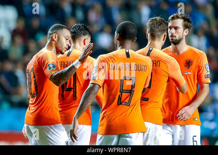 Tallinn, Estonia. 09Sep, 2019. TALLINN, 09-09-2019, Le Coq Arena, qualificatore Euro Estonia - Paesi Bassi. Paesi Bassi celebrando 3-0 durante il gioco Estonia - Paesi Bassi . Credito: Pro scatti/Alamy Live News Foto Stock