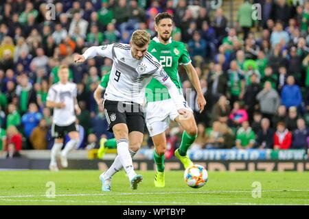 Belfast, Grossbritannien. 09Sep, 2019. firo: 09.09.2019 Football: Calcio Euro Euro Qualifica: Irlanda del Nord - Germania Timo Werner. | Utilizzo di credito in tutto il mondo: dpa/Alamy Live News Foto Stock