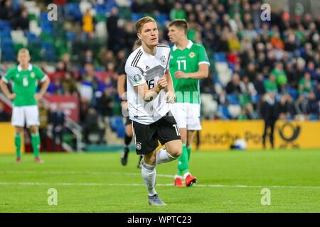 Belfast, Grossbritannien. 09Sep, 2019. firo: 09.09.2019 Calcio: Calcio EM, Euro Qualifica: Irlanda del Nord - Germania giubilo a Marcel Halstenberg dopo il suo obiettivo a 1: 0 | Utilizzo di credito in tutto il mondo: dpa/Alamy Live News Foto Stock