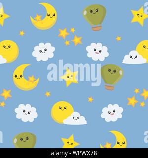 Kawaii style la luna e le stelle pattern Illustrazione Vettoriale