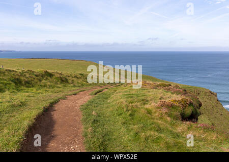 Una vista del paesaggio di Mawgan Porth da South West Coast Path, North Cornwall lungo la costa atlantica vicino a Newquay Foto Stock