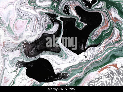 Abstract grungy verde lime, luce blu e grigio scuro colorato disegnato a mano olio acrilico macchie di vernice con macchie, strisce curve e macchie su tela tex Foto Stock