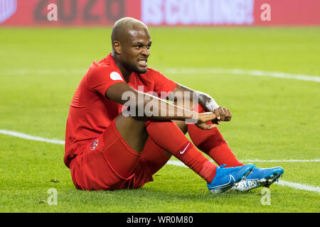 Toronto, Canada. 07Th Sep, 2019. Cyle Larin (9) reagisce durante le Nazioni League qualifier gioco tra il Canada e Cuba presso BMO Campo in Toronto.(punteggio finale; Canada 6:0 Cuba) Credito: SOPA Immagini limitata/Alamy Live News Foto Stock