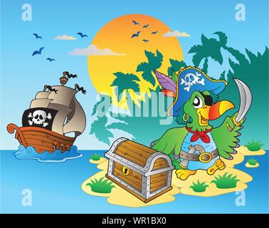 Pirate parrot e torace su isola Illustrazione Vettoriale