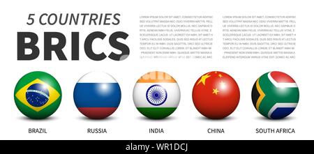 BRICS . associazione di 5 paesi . Banner 3D sfera design a sfera . Bianco sfondo isolata . Vector . Illustrazione Vettoriale