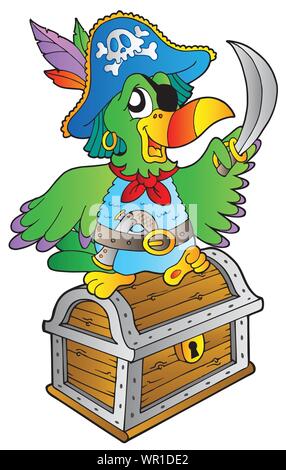 Pirate pappagallo sulla cassa del tesoro Illustrazione Vettoriale