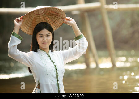 Bella donna con vienamt abito tradizionale, ao dai Foto Stock