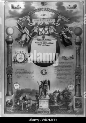 Registro massonico Abstract: stampa mostra un certificato di appartenenza in un Ordine massonico, parzialmente compilato per Alex. F. Clark membro della Rising Sun Lodge n. 103 a Saratoga Springs, N.Y., 4 aprile 1881. Sulla colonna di sinistra è inscritta in inchiostro iniziato [...] 18 maggio 1874 e sulla destra è inscritta in inchiostro passati [...] 15 giugno 1874. Include, sulla sinistra, un ritratto fotografia di Clark, testa e spalle ritratto, rivolto verso la parte anteriore, probabilmente montato su una carte-de-visite, che è incorporato nella stampa. Foto Stock