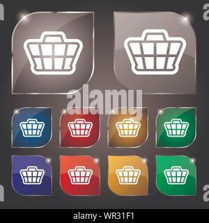 Icona del carrello segno. Set di dieci pulsanti colorati con abbagliamento. Vettore Illustrazione Vettoriale