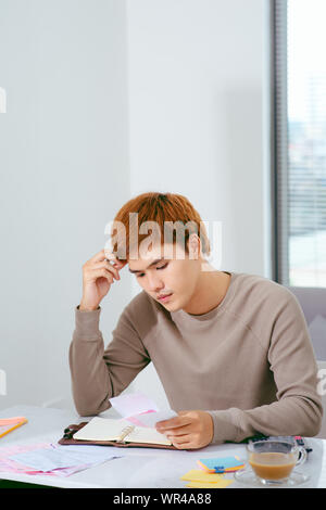 Giovane attraente giovane uomo asiatico a casa seduti sul divano con la calcolatrice la contabilità dei costi, tasse, imposte e ipoteca per pagare le bollette in cerca worrie Foto Stock