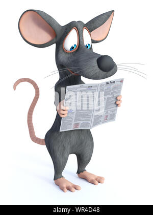 3D rendering di un simpatico cartoon sorridente mouse e permanente tenendo un newpaper nella sua mano mentre la lettura di notizie. Sfondo bianco. Foto Stock
