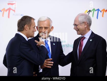 29.09.2011 Varsavia, Polonia. Eastern Partnership Summit. Nella foto: Jerzy Buzek, Donald Tusk, Herman van Rompuy Foto Stock