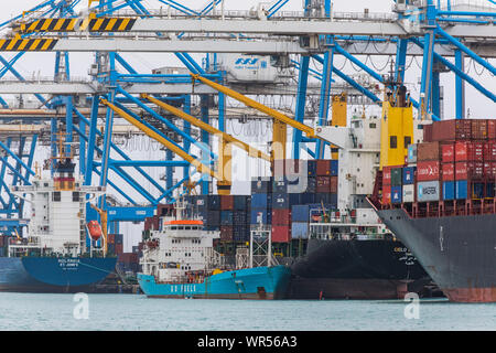 Impianti portuali, Malta Freeport, vicino a Birzebugga, nella Baia di Marsaxlokk, terminale per container Foto Stock