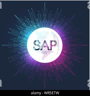 SAP Business process automation software. ERP Enterprise Resources Planning il concetto di sistema modello di pagina di intestazione. Il futuro della tecnologia sci-fi concetto SAP Illustrazione Vettoriale