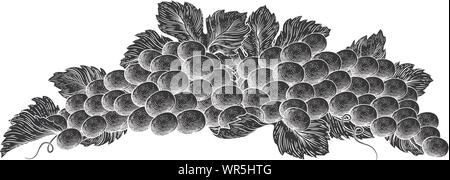 Grappolo di uva vigna e lascia la xilografia stile di attacco Illustrazione Vettoriale