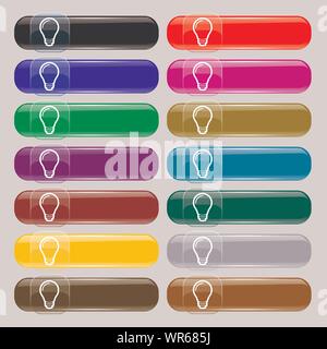 Icona della lampadina segno. Set da quattordici multi-colore pulsanti di vetro con posto per il testo. Vettore Illustrazione Vettoriale