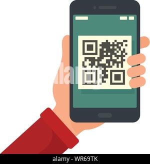 Smartphone il codice QR in icona della mano. Illustrazione piana di smartphone il codice QR in mano icona vettoriali per il web design Illustrazione Vettoriale