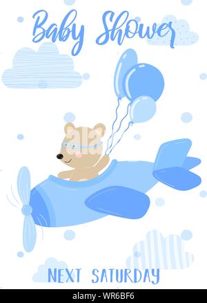 Illustrazione vettoriale di un piano di colore blu con un pilota di orso e palle su uno sfondo di nuvole. Immagine per ragazzi. Сoncept di vacanze, compleanno, involucri, pr Illustrazione Vettoriale