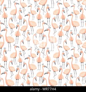 Seamless pattern tropicale con simpatici fenicotteri rosa nel cielo. Vector estate disegnati a mano illustrazione di un flamingo per bambini, sfondo, tessili, g Illustrazione Vettoriale