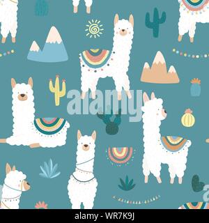 Modello senza giunture di graziosi disegnati a mano llama bianco o alpaca, cactus, montagne, sun, ghirlande su uno sfondo blu. Illustrazione per bambini, sala te Illustrazione Vettoriale