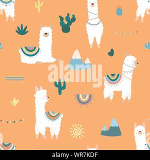 Modello senza giunture di divertimento disegnati a mano llama bianco o alpaca, cactus, montagne, sun, ghirlande su uno sfondo arancione. Illustrazione per bambini, camera, Illustrazione Vettoriale