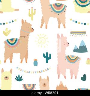 Modello senza giunture di variopinte llama o alpaca, montagne, cactus, garland e sun su uno sfondo trasparente. Immagine per i bambini, tessile, vestire Illustrazione Vettoriale