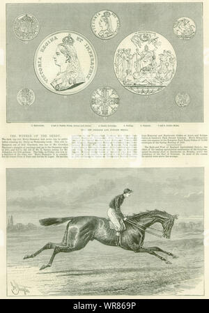 Nuova monetazione & Jubilee medal. Scellino Florin. Merry Hampton, Derby vincitore 1887 Foto Stock